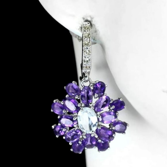 Natural Unheated‎ Aquamarine, Amethyst, Sapphire 925 Sterling Silver Earrings - Picture 6 of 8